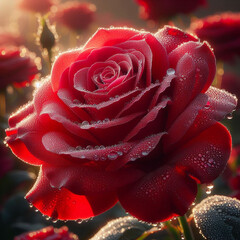 Red Rose with Drop Water under Sun Light