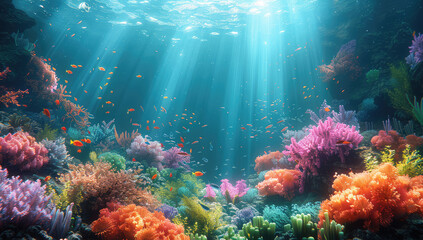Naklejka na ściany i meble A beautiful underwater scene with vibrant coral reefs and colorful fish, illuminated in the style of sunlight filtering through the water's surface. Created with Ai