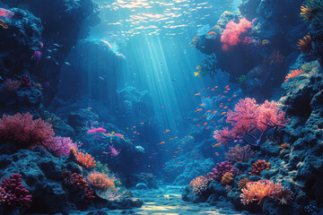Fototapeta na wymiar A beautiful underwater scene with colorful coral reefs and marine life, showcasing the beauty of oceanic life. Created with Ai
