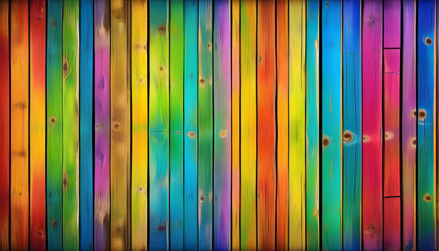 A digital artwork of a colorful, abstract rainbow painted wooden wall, table, and floor texture