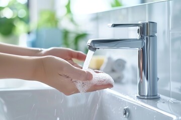 Washing hands under a running water tap - obrazy, fototapety, plakaty