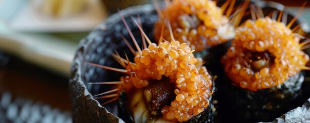Sea urchin sushi a delicacy known for its creamy texture and rich flavor - obrazy, fototapety, plakaty