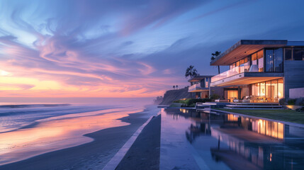 High-end real estate, beachfront properties at dusk