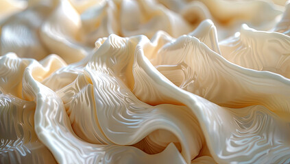 A closeup of white Oyster mushrooms, their gills swirling and undulating in an intricate dance, capturing the delicate beauty of these Delicate textures and shape. Created with Ai