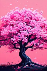 Illustration a tree blossoms with abstract pink flowers