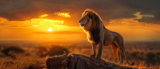 A regal lion standing on a savanna hill at sunset, leadership and courage