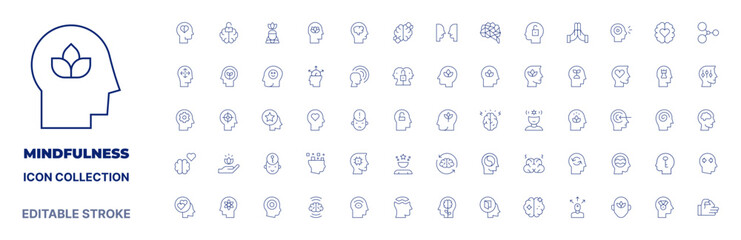 Mindfulness icon collection. Thin line icon. Editable stroke. Editable stroke. Mindfulness icons for web and mobile app. - obrazy, fototapety, plakaty