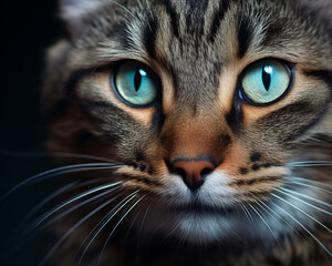 A closeup portrait of a tabby cat with beautiful bluegreen eyes The cat has a unique Mshaped marking on its forehead - obrazy, fototapety, plakaty