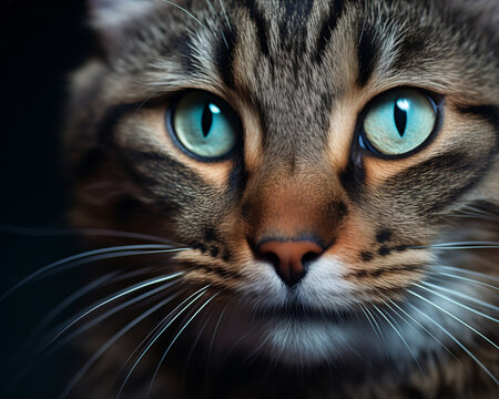 A closeup portrait of a tabby cat with beautiful bluegreen eyes The cat has a unique Mshaped marking on its forehead