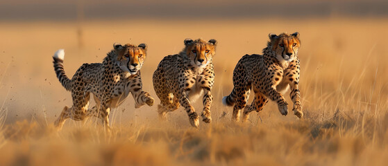Cheetahs sprinting with explosive speed across the savannah, efficiency and focus