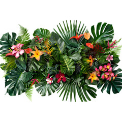 Exotic Flora Extravaganza: Captivating Depiction of Palm Leaves, Ferns, Colorful Flowers, and Tropical Plants in a Vibrant Display.
