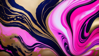 An abstract painting with black, pink, and gold colors