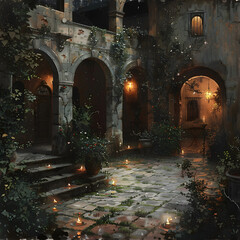 The candlelit courtyard romantic old palace  - obrazy, fototapety, plakaty