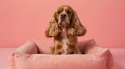 A beautiful dog sits on his large bed. Great studio shot. Nice colors