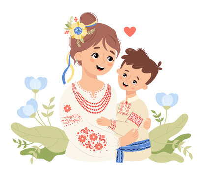 Cute happy Ukrainian woman mother and son in traditional clothes embroidered shirt with blue flowers. Vector illustration. Festive cultural national character family