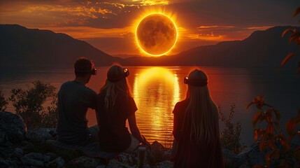 Group of friends watching the solar eclipse with special glasses sitting on top of a hill with a spectacular view of a lake.