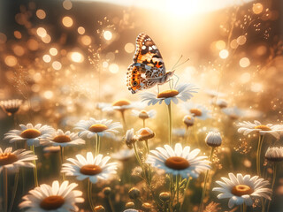 A delicate butterfly perches on a daisy in a dreamy field with sunlight filtering through.