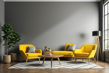 Interior of living room with wooden triangular coffee table, lamps and yellow armchair 3d rendering