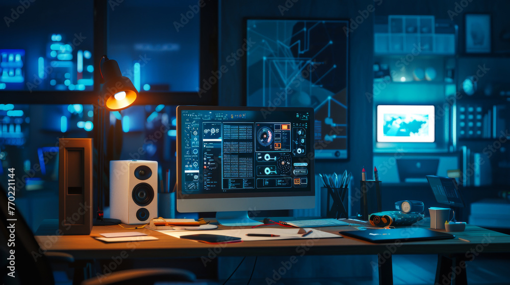 Fototapete a futuristic workspace with a sleek, minimalistic design, featuring a computer displaying an ai soft