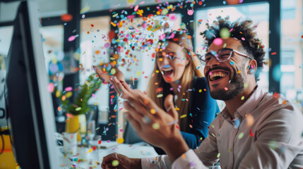 Happy guy in an office environment, sitting in front of a computer blowing confetti on his female colleague