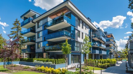 Apartment in residential building exterior. Housing structure at blue modern house , Rental home in city district on summer. Architecture for business property investment - obrazy, fototapety, plakaty