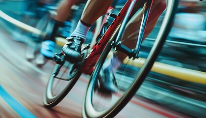Fototapeta na wymiar Dynamic Shot. Cyclist's Blurred Legs in Track Racing Competition, Capturing Speed 