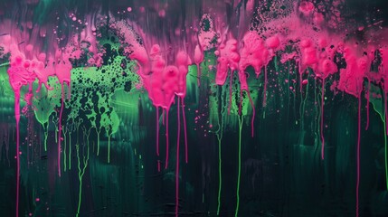 Layers of fluorescent pink and green paint drip and blend together against a dark moody background.