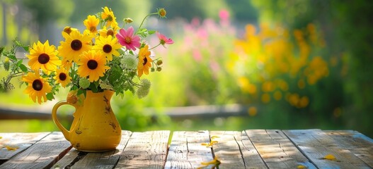 Yellow pitcher with flowers on wooden table - obrazy, fototapety, plakaty