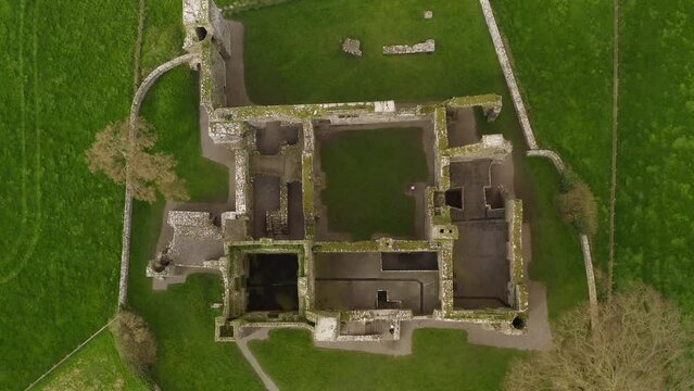 Bective Abbey. Ascending aerial top down perspective showing the plan floor