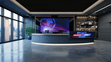 3D Virtual TV Studio News, Backdrop For TV Shows .TV On Wall.3D Virtual News Studio Background,3d illustration