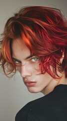 Close-up of a man with red hair in a style of versatility and ease of maintenance. Men's attractive hair style in red color in modern and stylish trend.