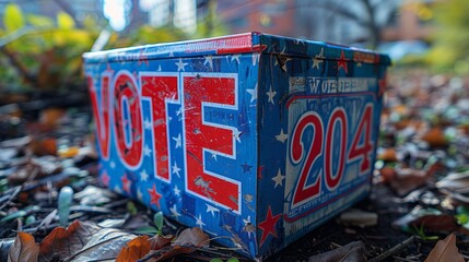 An electric blue and red box featuring the word vote, sits on the ground - Powered by Adobe