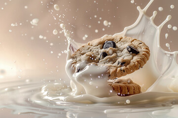 Closeup tasty cookies are splashing in a creamy milk. Cream Milkshake, crazy joyful fun breakfast....
