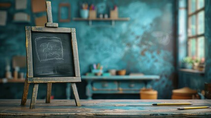 A small blackboard with a drawing of a face is standing on a wooden table in a room with blue wall