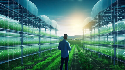 Greenhouse worker adjusting automated climate control systems, showcasing the concept of high-tech agriculture. Modern agriculture science and technology concept. work on vegetable greenhouse farming - obrazy, fototapety, plakaty