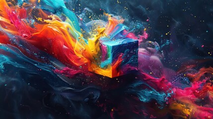A colorful explosion of paint swirls around a blue box