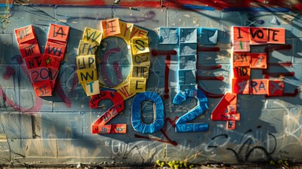 a graffiti wall with the word vote written on it