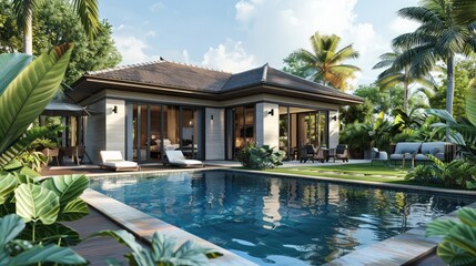 Fototapeta premium Home or house Exterior design showing tropical pool villa with greenery Suburban house exterior garden,Luxury swimming pool shining with sunlight in a modern house with a green garden under blue sky 