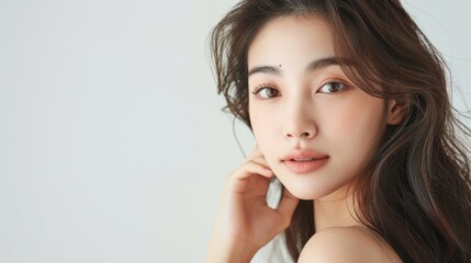 Fototapeta premium Close-up of a young Asian woman with delicate features. Copy space on white background, can be used for ad