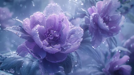 A beautiful purple flower is covered with water droplets creating a dreamy and artistic atmosphere