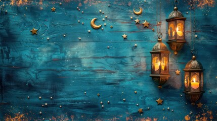 Three glowing vintage lanterns hang against a rustic, blue wood background with crescent moons