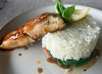 Mahi mahi with rice on white plate
