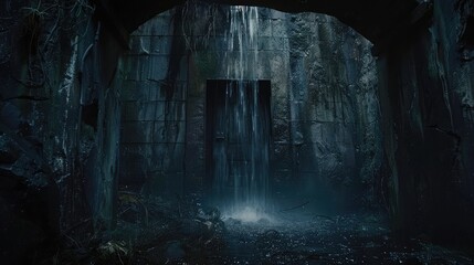 house exterior dark door wide shot of brutalist ancient brutalist dungeon room cave entrance, waterfall, realistic, cinematic, dramatic lighting, cinematic composition