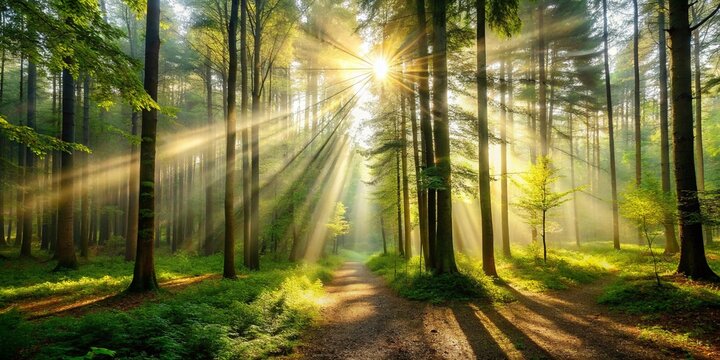 Sun beams in an spring morning forest
