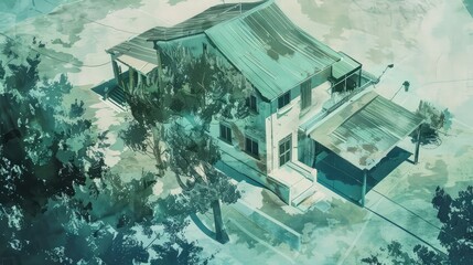 House exterior, detailed depiction with Vincent Van Gogh style, acrylic material, dreamy haze light, mint green color, aerial perspective,An old creepy abandoned house
