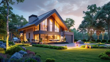 Fototapeta na wymiar 3d rendering of modern cozy house in chalet style with garage for sale or rent with large garden and lawn. Clear summer evenig with soft sky. Cozy warm light from window,Big wooden mansion in pine