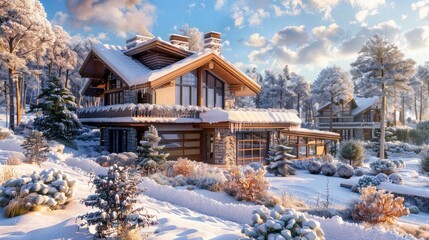 3d rendering of modern cozy house in chalet style with garage. The first warm spring rays of the sun melt the snow and icicles. Flowers and grass make their way through the snow,Beautiful wooden hous. - obrazy, fototapety, plakaty