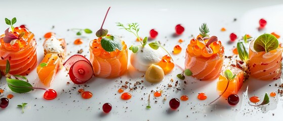 A collection of artful culinary plating designs for avant-garde restaurants - obrazy, fototapety, plakaty