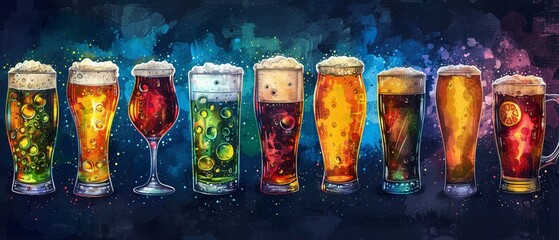 A graphic tee design for a beer enthusiast group, showing a lineup of frosty beers - obrazy, fototapety, plakaty
