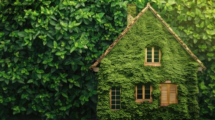 Fototapeta na wymiar Green plants cover a house against a green background,A wooden eco friendly home is situated in a green environment on grass.Miniature house on green moss with bokeh background, real estate concept 